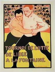 Reproduksjon av en plakat som reklamerer for en bryteturnering, ved The Fountain, Liege, Belgia, 1899